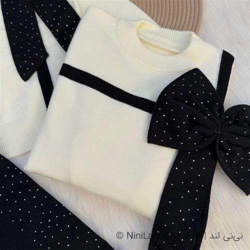 دو تیکه بلوز شلوار بافت طرح پاپیون نگینی کد 8088