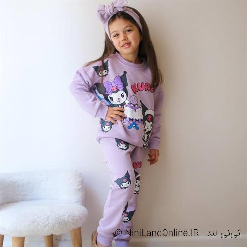 دوتیکه دورس کرومی بنفش طرحدار سه نخ و شلوار ترک کد 13316