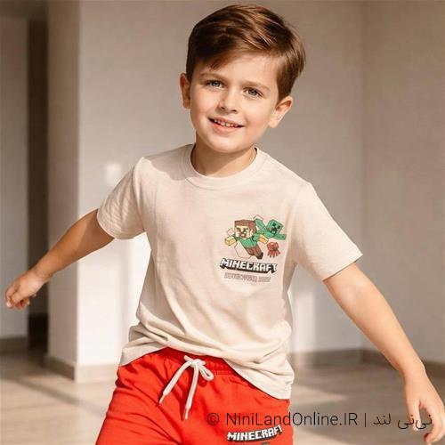 دو تیکه تیشرت شلوارک طرح ماینکرافت پسرانه ترک کد 0857431