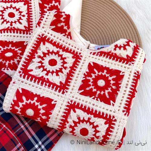 ست بلوز دامن شلوارکی طرح قلاب بافی کد 4242