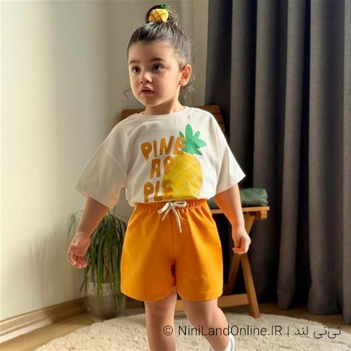 تیشرت شلوارک دخترانه طرح اناناس ترک کد 002154