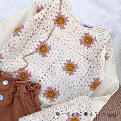 بلوز دامن دخترانه طرح قلاب بافی دامن کتان کد 5155