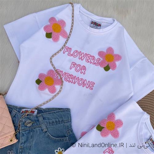 دو تیکه تیشرت شلوارک طرح گل کد 5807