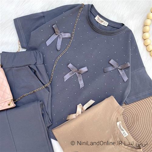 ست دو تیکه بلوز شلوار نگین دار پاپیونی کد 2600